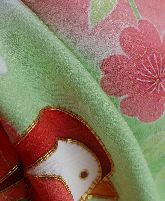 七五三7歳女の子用 四つ身[吉澤友禅・正絹]薄ピンクに四色ぼかし・おしどりと桜の古典柄No.299O